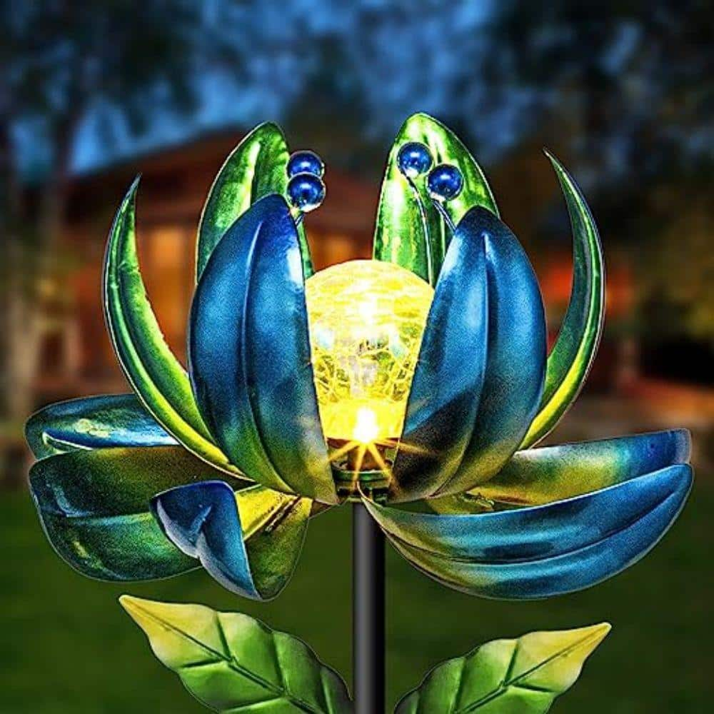 Cubilan Solar Outdoor Lights 35.4 in. Garden Decor Flower Wind Spinners Waterproof LED Crackle Glass Globe Fairy Art Metal Stake