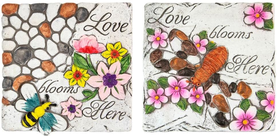 Northlight 7 in. Love Blooms Here Floral Outdoor Garden Stones (Set of 2)