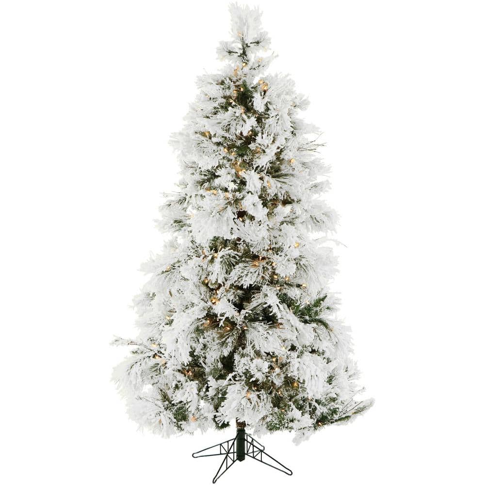 Christmas Time 5 ft. Pre-Lit Flocked Frosted Fir Artificial Christmas Tree with Warm White LED Lights