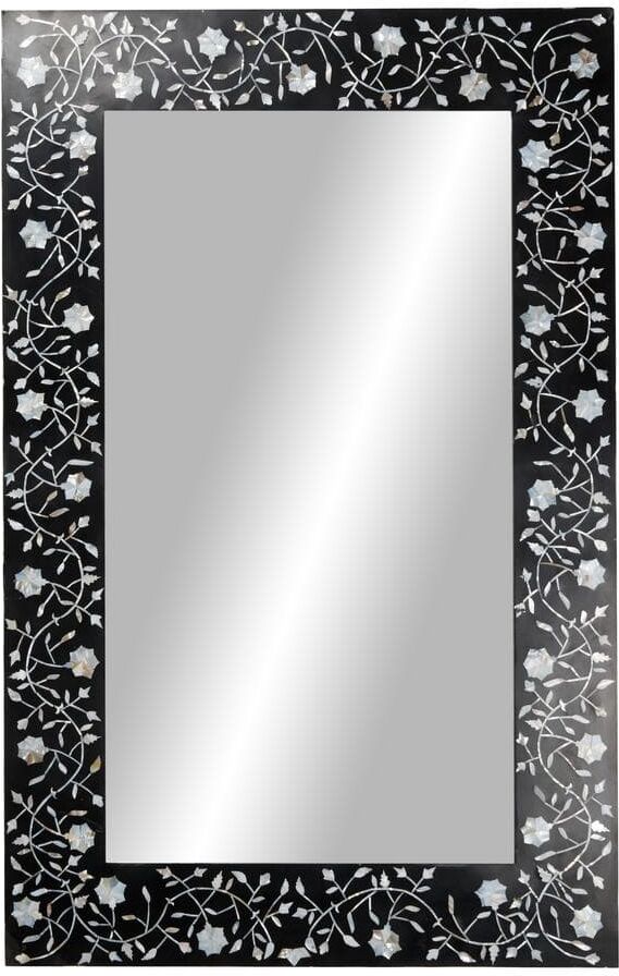 Litton Lane Rectangular Black Wood Wall Mirror with Pearl Oyster Flowers, 30" x 47"