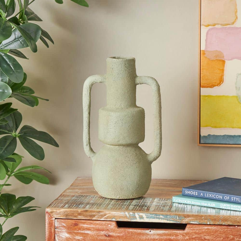 Litton Lane Light Gray Abstract Textured Paper Mache Decorative Vase with Squared Handles