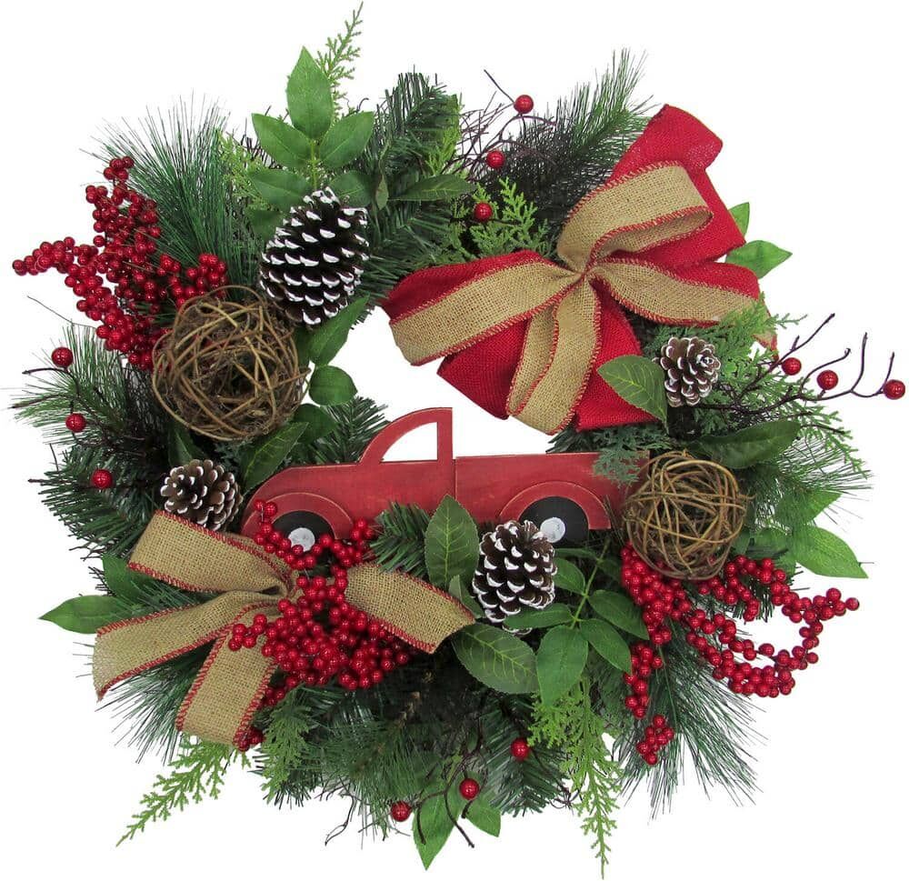 Fraser Hill Farm 24 in. Artificial Christmas Wreath with Pinecones, Burlap Bows and Wooden Truck Decoration