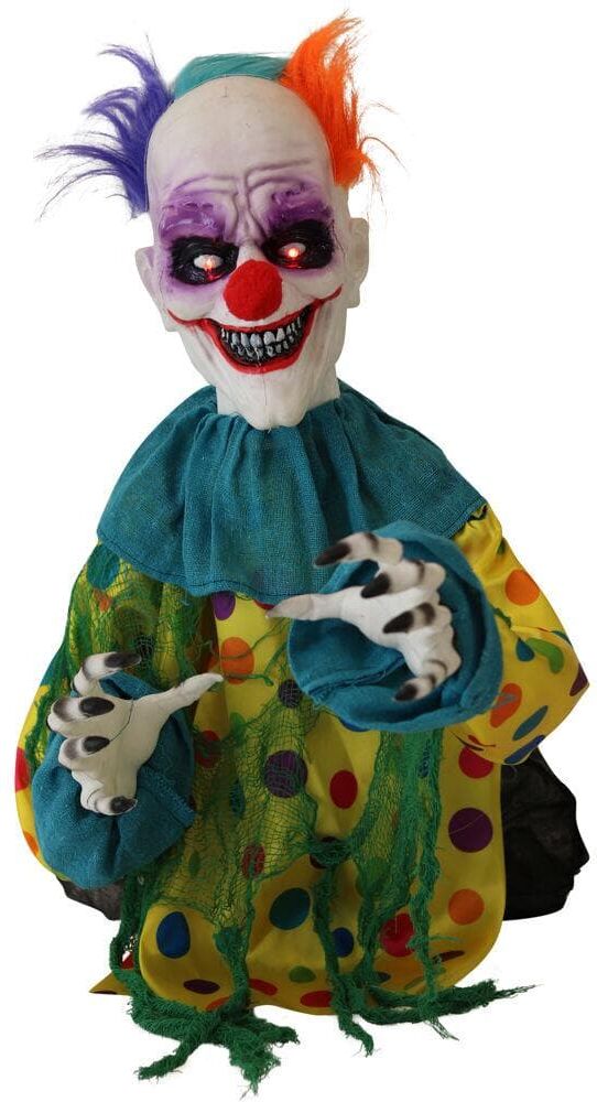 Haunted Hill Farm 24 in. Battery Operated Animated Poseable Clown with LED Eyes Halloween Prop