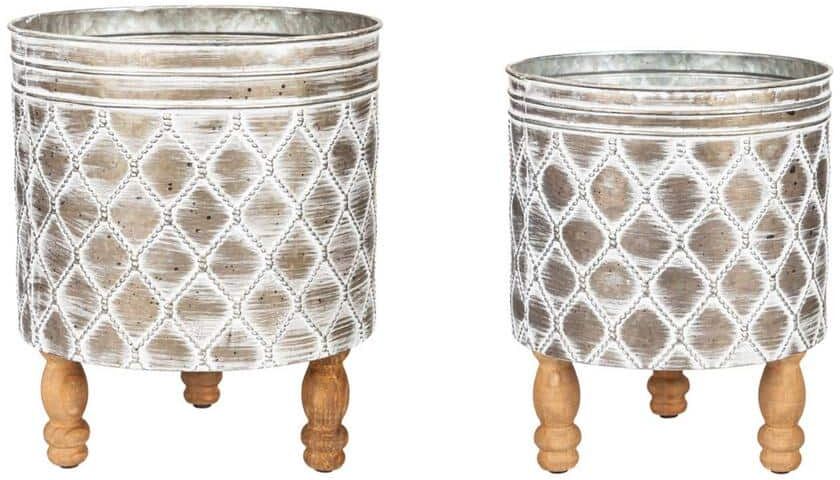 Evergreen Embossed Metal Planter with Wood Legs, (Set of 2)