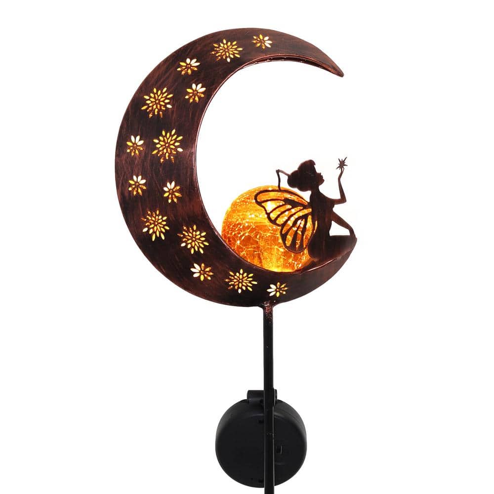 39 in. Yard Art Decorations Moon for Outside Lawn Ornaments Fairy Solar Garden Stake Lights Crackle Glass Globe
