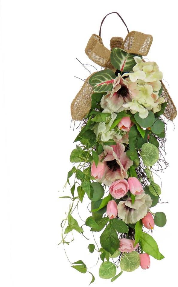 National Tree Company 26 in. Artificial Floral Arrangements Spring Swag with Hollyhock, Hydrangea, Tulip and Eucalyptus