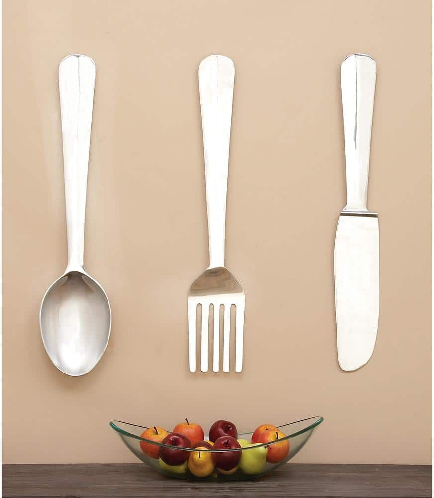 Litton Lane Aluminum Silver Knife, Spoon and Fork Utensils Wall Decor (Set of 3)