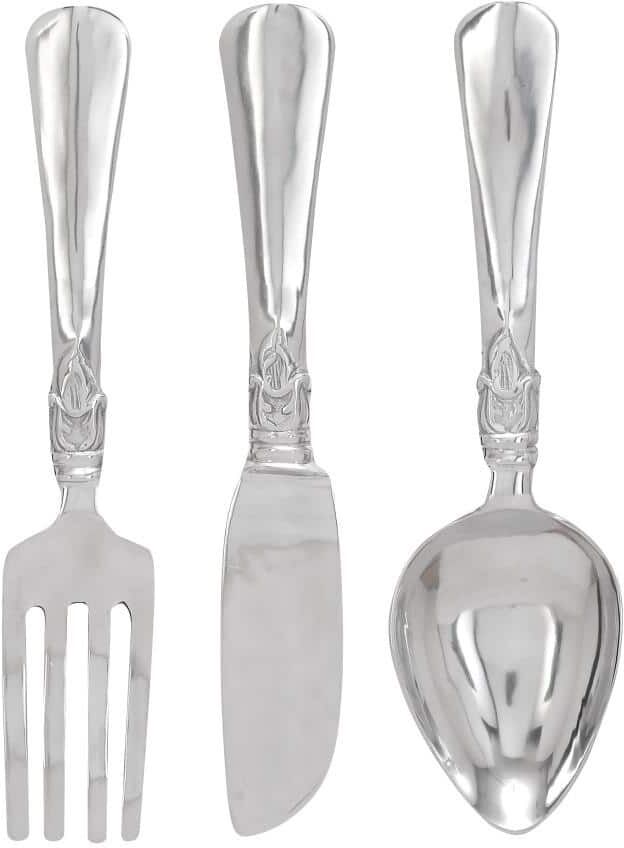 Litton Lane Aluminum Silver Knife, Spoon and Fork Utensils Wall Decor (Set of 3)