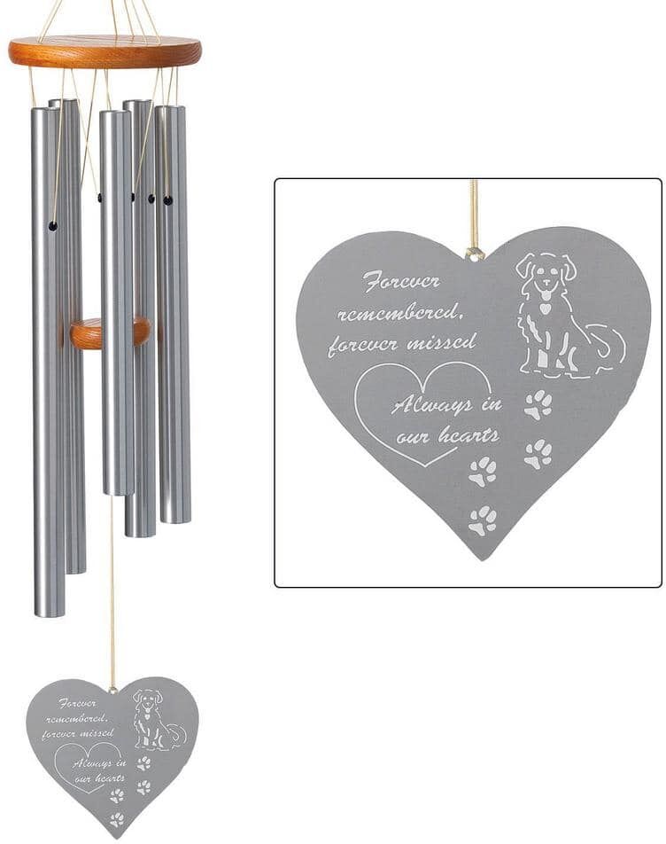 WOODSTOCK CHIMES Signature Wind Chimes of Remembrance 26 in. Forever Heart Dog Silver Outdoor Patio Home Garden DecorRMFHD