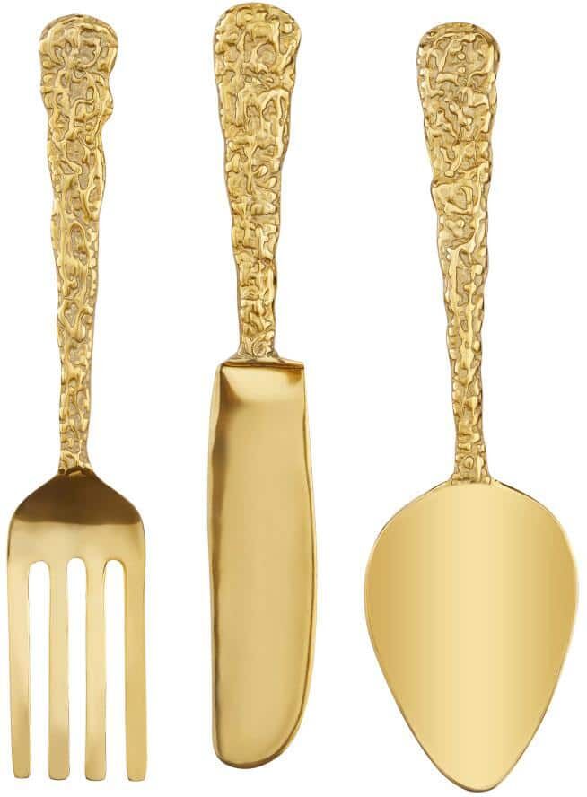 Litton Lane Aluminum Gold Knife, Spoon and Fork Utensils Wall Decor (Set of 3)