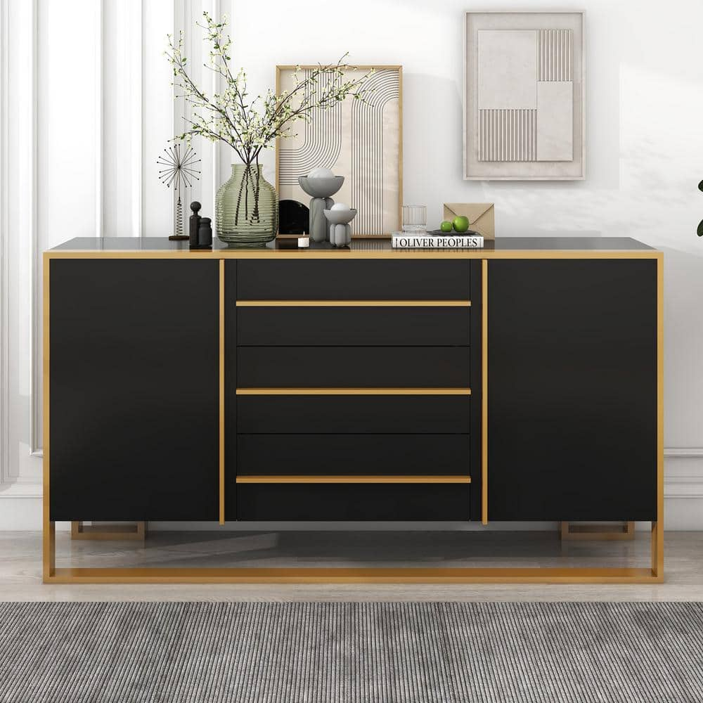 Harper & Bright Designs Black Light Luxury Style MDF 59 in. Sideboard with Adjustable Shelves and 3-Drawers