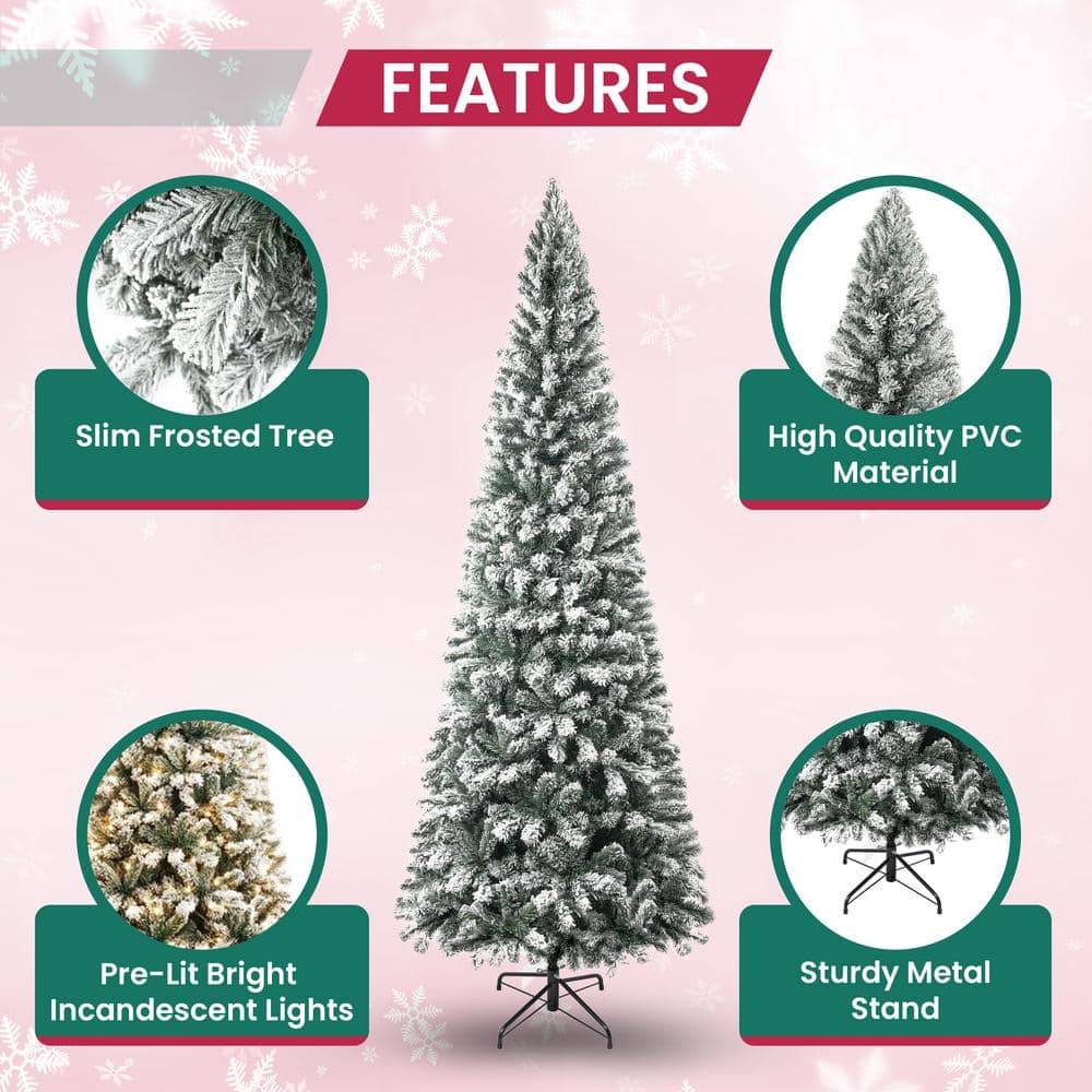 HOMESTOCK 7.5 ft Frosted Snow Flocked Prelit Slim Artificial Christmas Tree with 1102 Branch Tips, 350 Warm Lights and Metal Stand