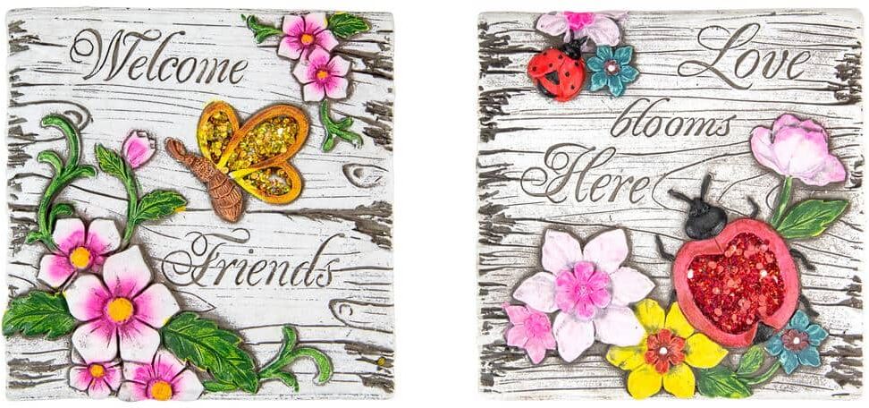 Northlight 7 in. Love Blooms and Welcome Friends Floral Outdoor Garden Stones (Set of 2)