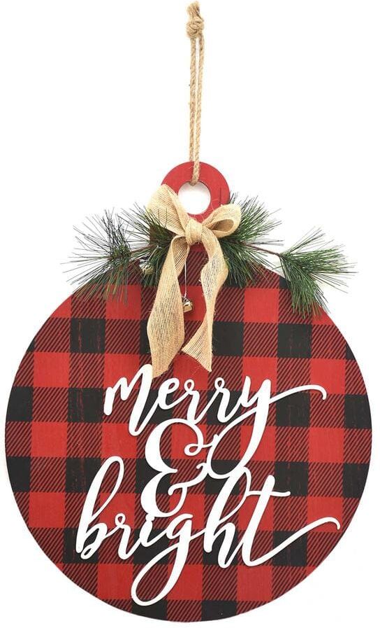 PARISLOFT 18.75 in. Red and Black Wood Christmas Merry and Bright Buffalo Check Wall Ornament with Jute Hanger