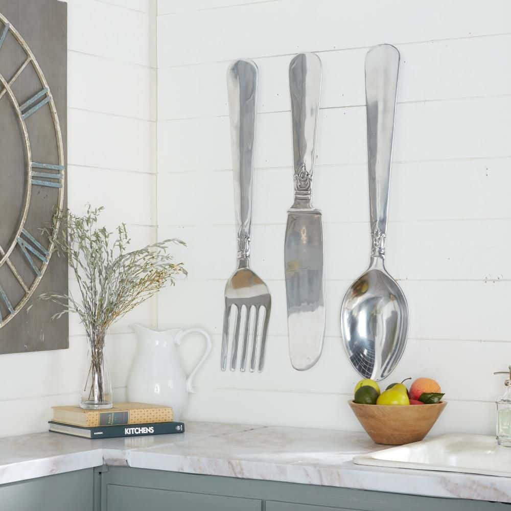 Litton Lane Aluminum Silver Knife, Spoon and Fork Utensils Wall Decor (Set of 3)