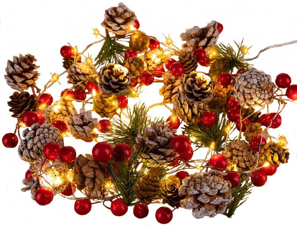 9 .8 ft. Artificial Christmas Pine Lighted Garland Decor Red Berry Pine Cone Battery Operated