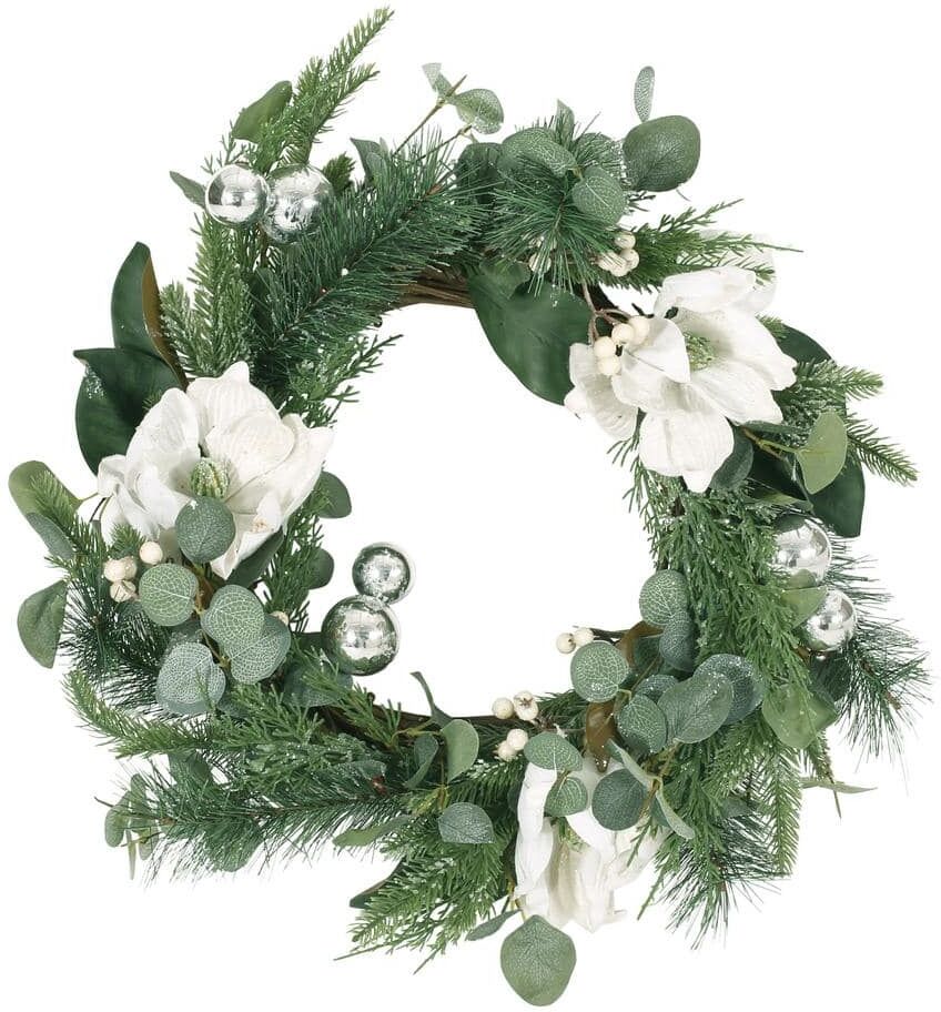 Noble House Torelli 21.75 in. Eucalyptus and Pine Artificial Christmas Wreath with Magnolias