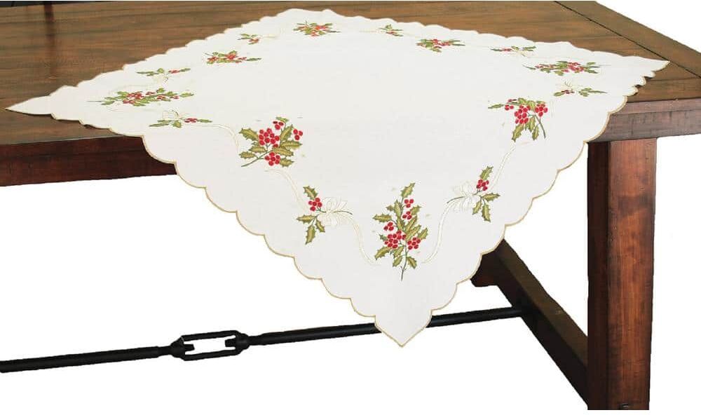 Xia Home Fashions 34 in. x 34 in. Holly Berry Embroidered Collection Table Topper