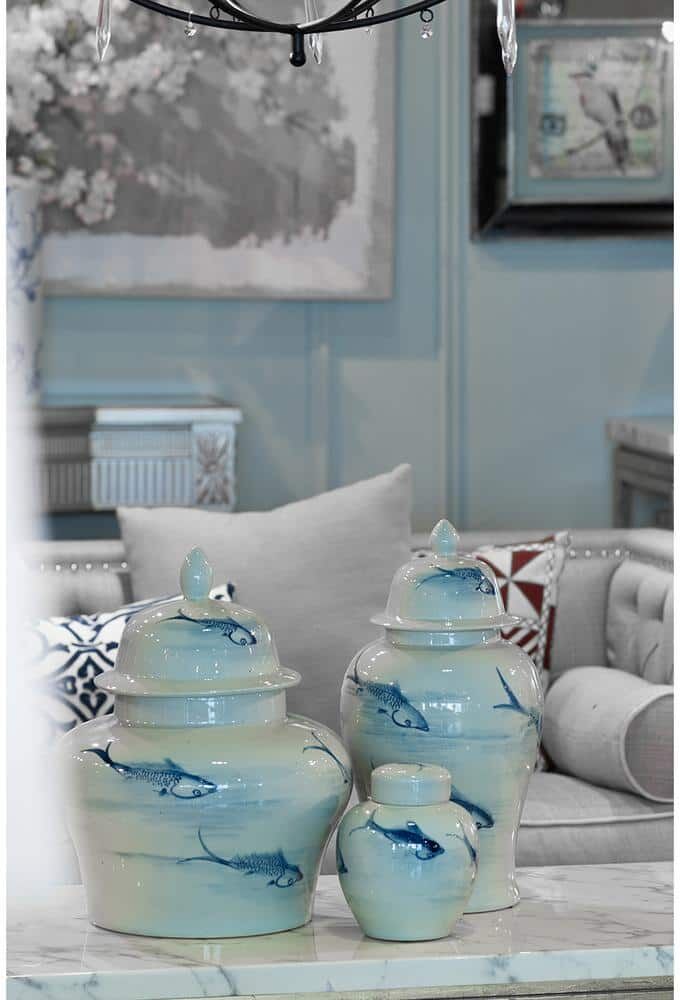 A & B Home Gloss Blue, White Small Koi Jars with Lids (Set of 2)