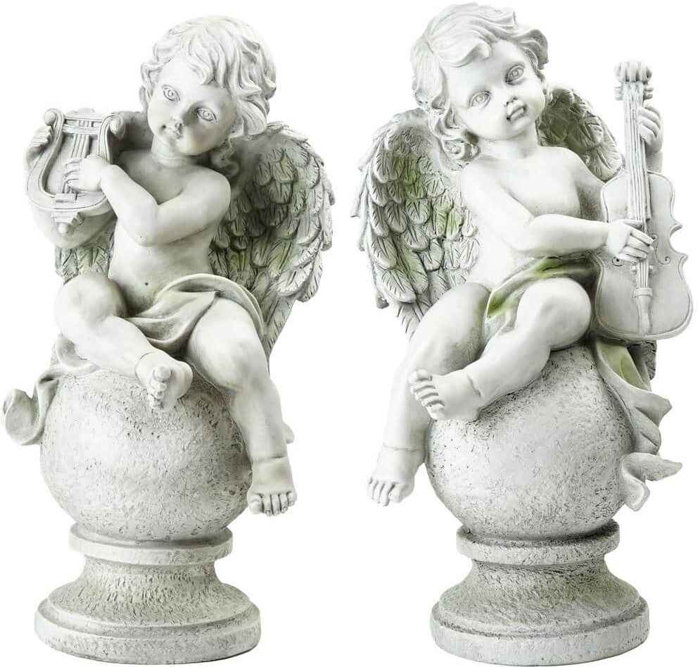 Northlight 14.75 in. White Set of 2 Cherub Angels with Instruments Sitting on Finials Outdoor Garden Statues