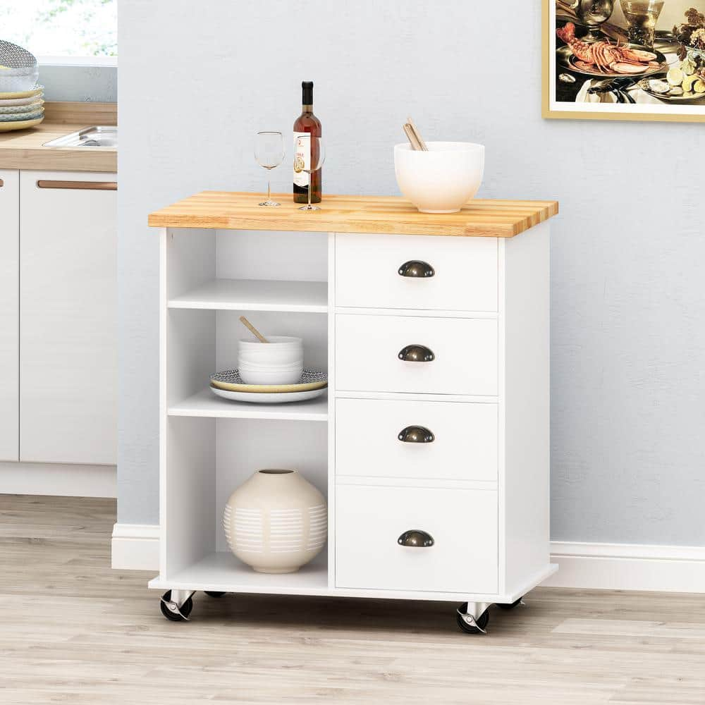 Noble House Provence White Kitchen Cart with Cabinets