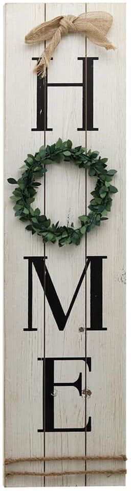 PARISLOFT Vertical Home Plaque with PVC Green Wreath Modern Farmhouse Wood Wall Decorative Sign