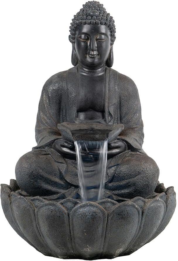 AUTMOON 34" Brown Polyresin Buddha Fountain with Light Water Feature for Garden & Patio