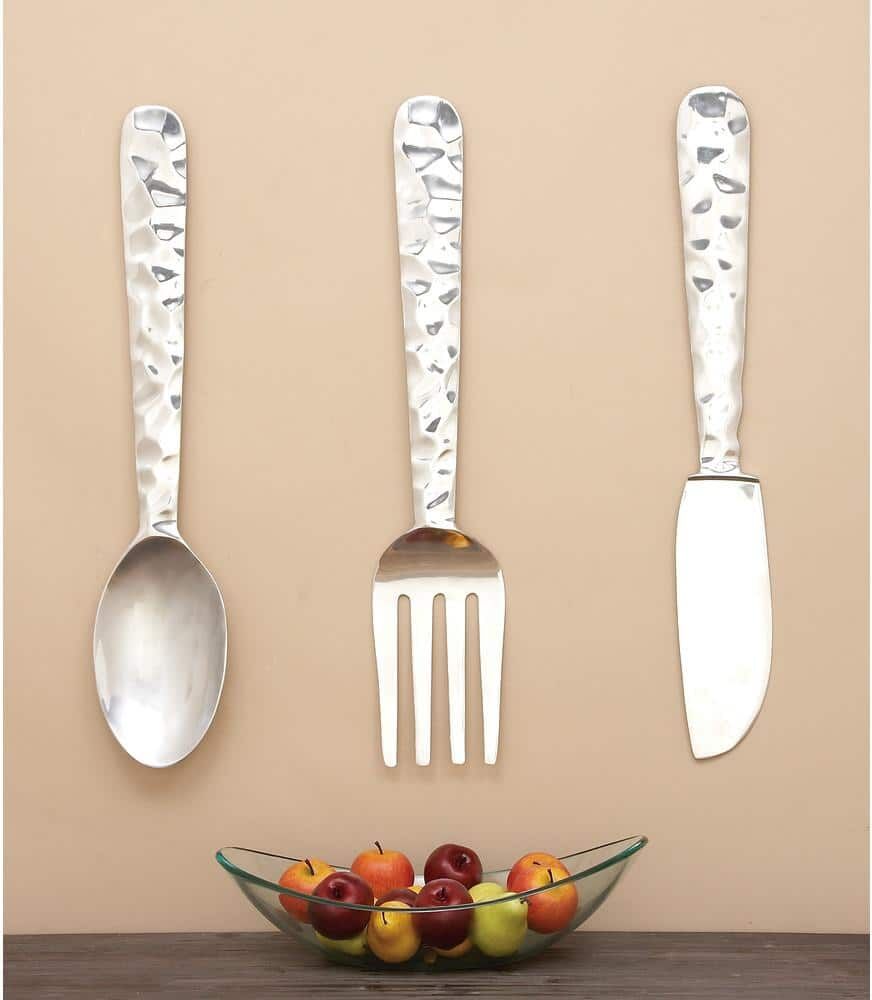 Litton Lane Aluminum Silver Knife, Spoon and Fork Utensils Wall Decor (Set of 3)