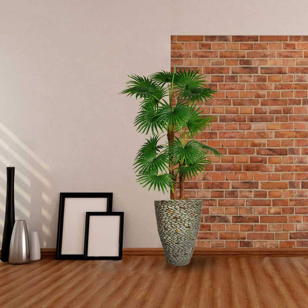 VINTAGE HOME 5.09 ft. Tall Artificial Faux Real Touch Fan Palm Tree With Burlap kit And Fiberstone Planter