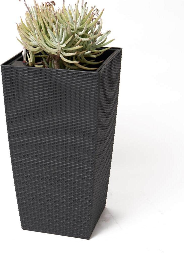 XBRAND 30 in. H Black Rattan Self Watering Indoor Outdoor Square Planter Pot, Tall Decorative Gardening Pot, Home Decor Accent