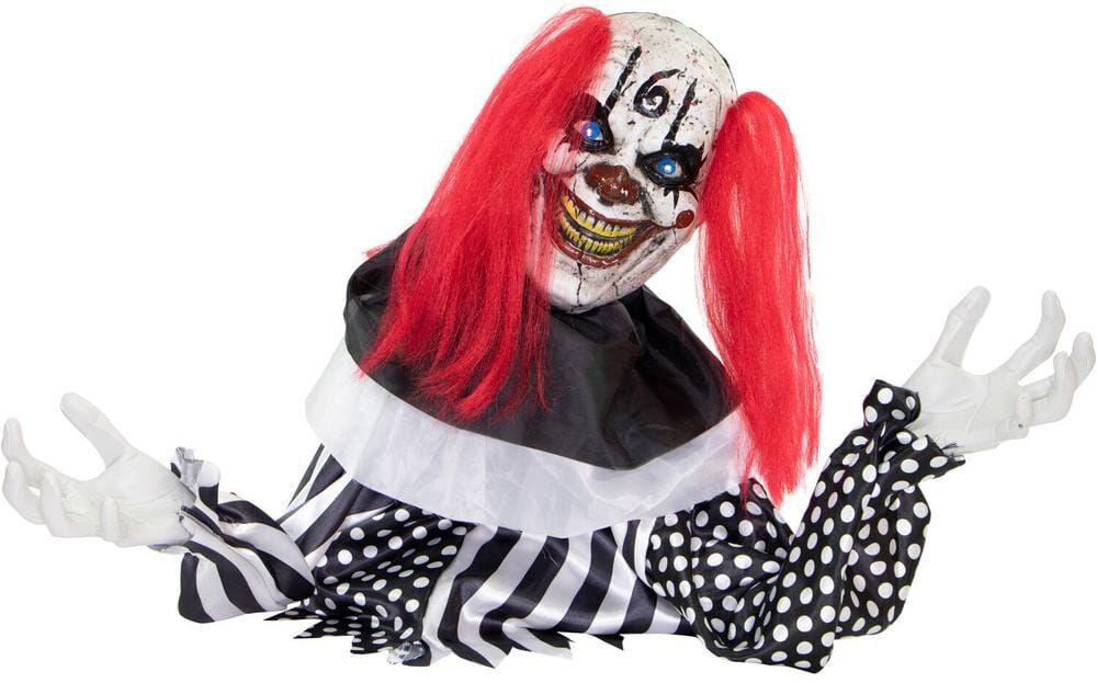 Haunted Hill Farm 18 in. Buggy the Animated Groundbreaker Clown, Indoor or Covered Outdoor Halloween Decoration, Battery Operated