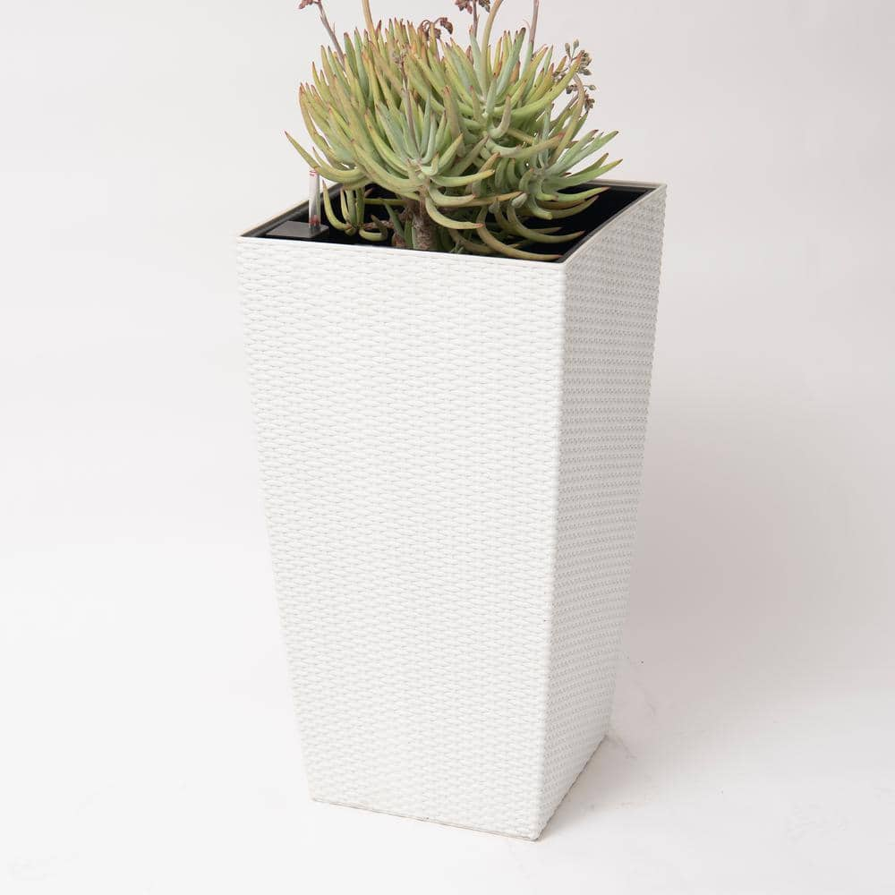 XBRAND 30 in. H Plastic Indoor Outdoor Square Planter Pot White Rattan Self Watering, Tall Decorative Gardening Pot, Home Decor