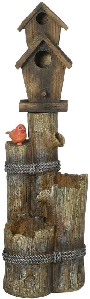 OutSunny Outdoor Fountain with Birdhouse, Cascading Garden Waterfall Bird Bath with 3-Tier Rustic Log Design, LED Lights, Brown