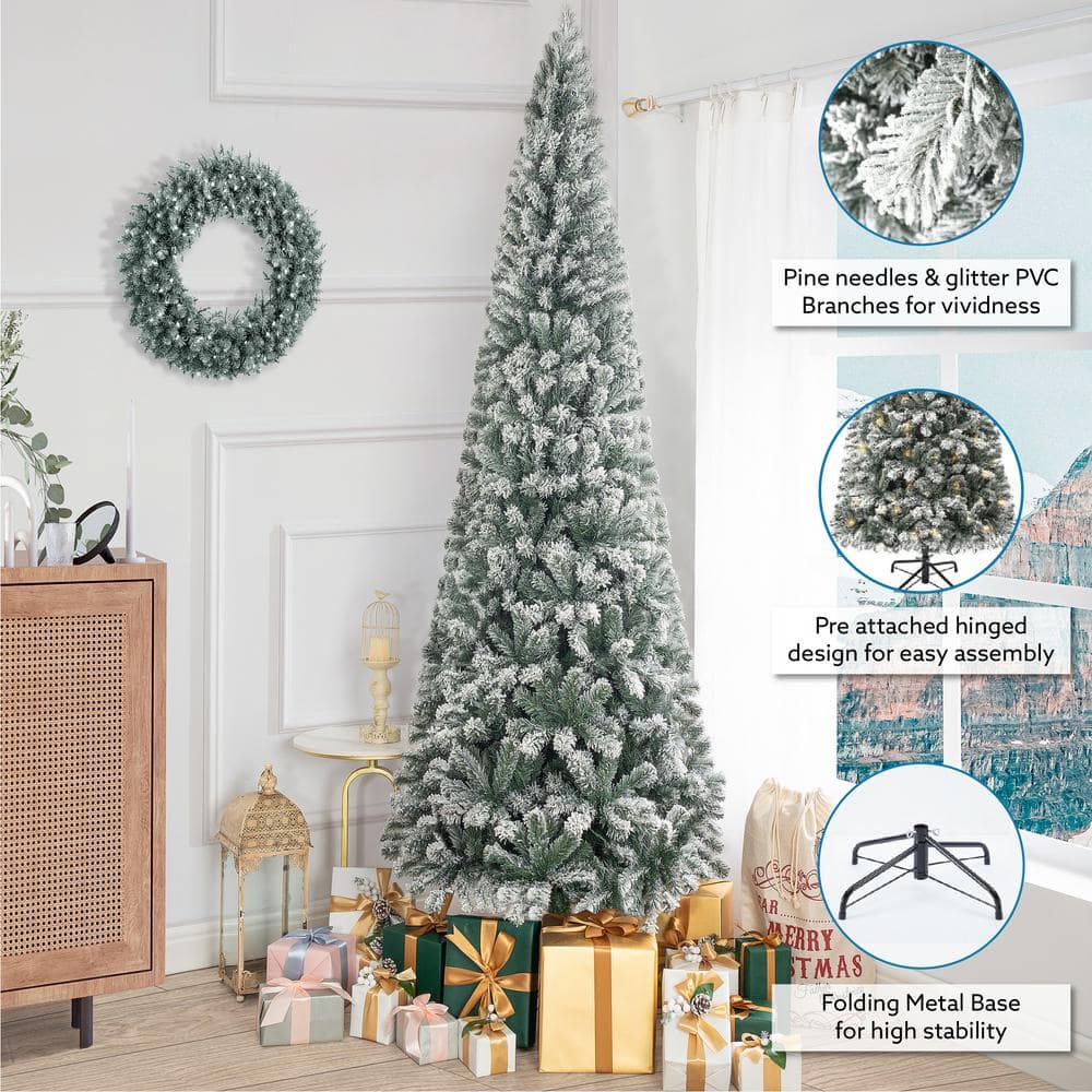 HOMESTOCK 9 ft. Frosted Snow Flocked Prelit Slim Artificial Christmas Tree with 1455 Branch Tips, 500 Warm Lights and Metal Stand