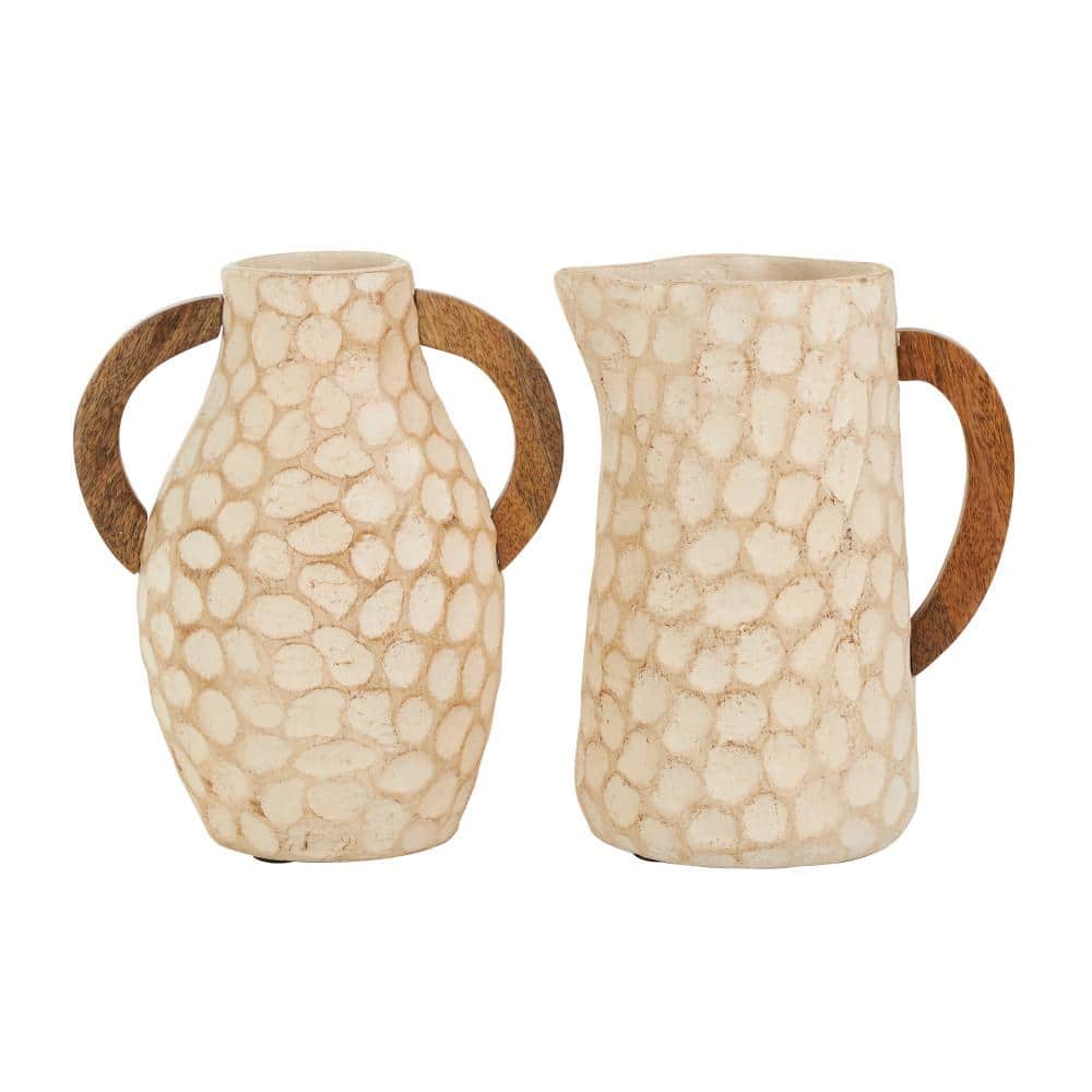 Litton Lane Beige Honeycomb Inspired Jug Paper Mache Decorative Vase with Brown Wooden Handles (Set of 2)