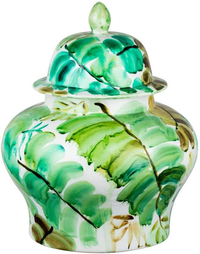 A & B Home 12 in. Green Round Leaf Jar with Lid