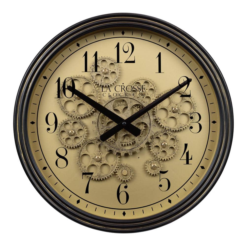 La Crosse Clock 15 in. Oil-Rubbed Bronze Quartz Analog Wall Clock with Moving Gears