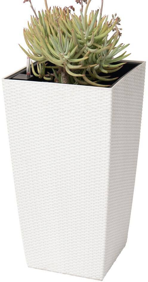 XBRAND 30 in. H White Rattan Self Watering Indoor Outdoor Square Planter Pot, Tall Decorative Gardening Pot, Home Decor Accent