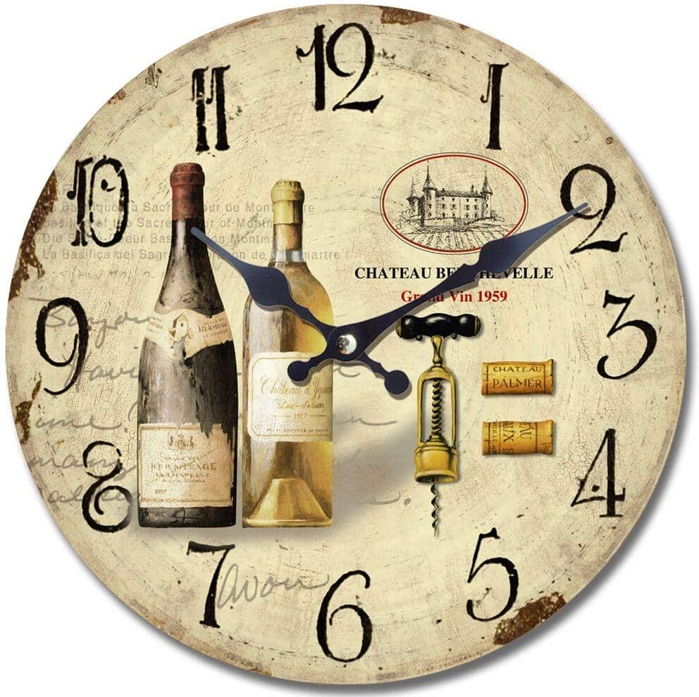 Yosemite Home Decor 14 in. Circular Wooden Wall Clock with 2-Bottles of Wine Print