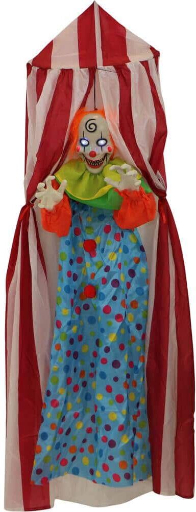 Haunted Hill Farm 72 in. Battery Operated Poseable Hanging Clown with Blue LED Eyes Halloween Prop