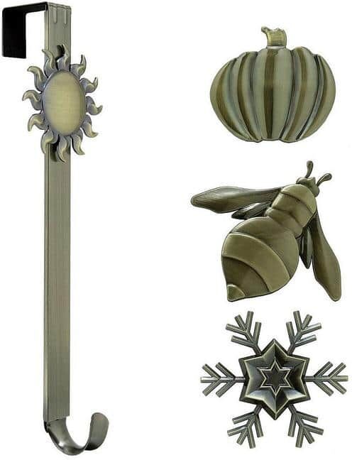 Haute Decor 15.75 in. Artificial Antique Brass Adjustable Wreath Hanger with Sun, Snowflake, Bee and Pumpkin Icons