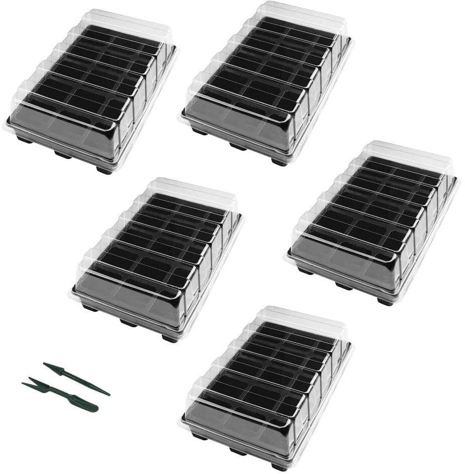 Angel Sar Black Plastic Seed Starter Trays with Clear Dome and Black Base (15-Cell Per Tray) (5-Pack)