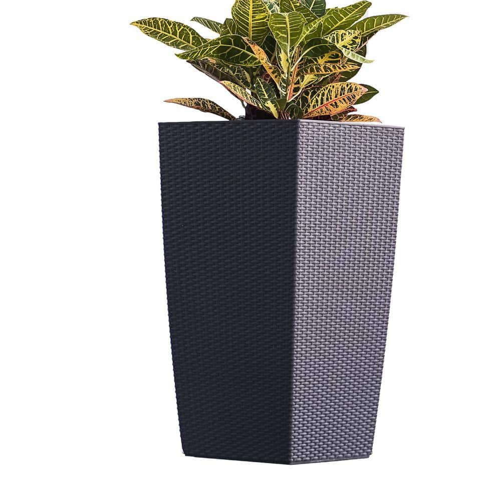 XBRAND 30 in. H Black Rattan Self Watering Indoor Outdoor Square Planter Pot, Tall Decorative Gardening Pot, Home Decor