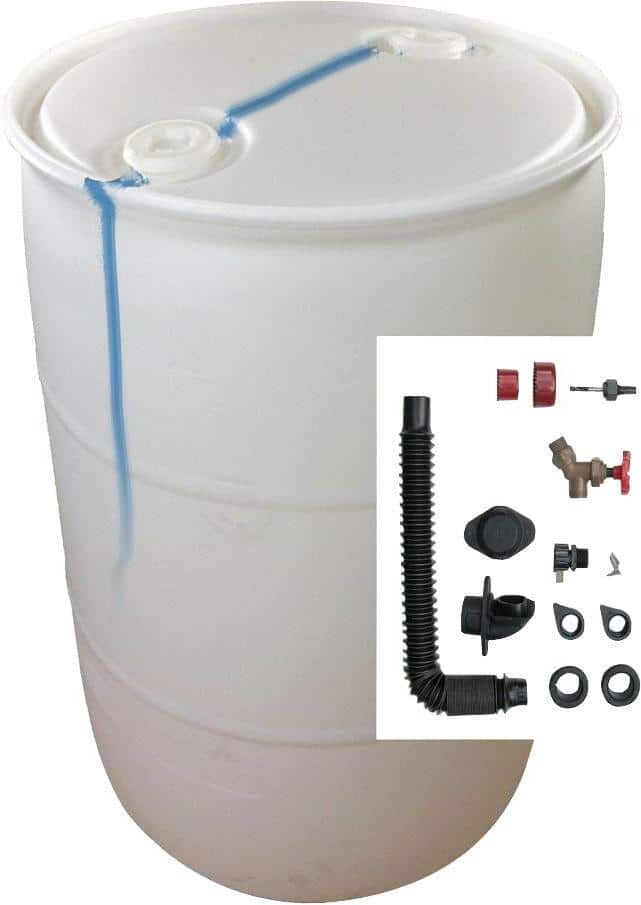 EarthMinded DIY Rain Barrel Bundle with Diverter System 55 gallon Blemished Natural White Plastic Drum