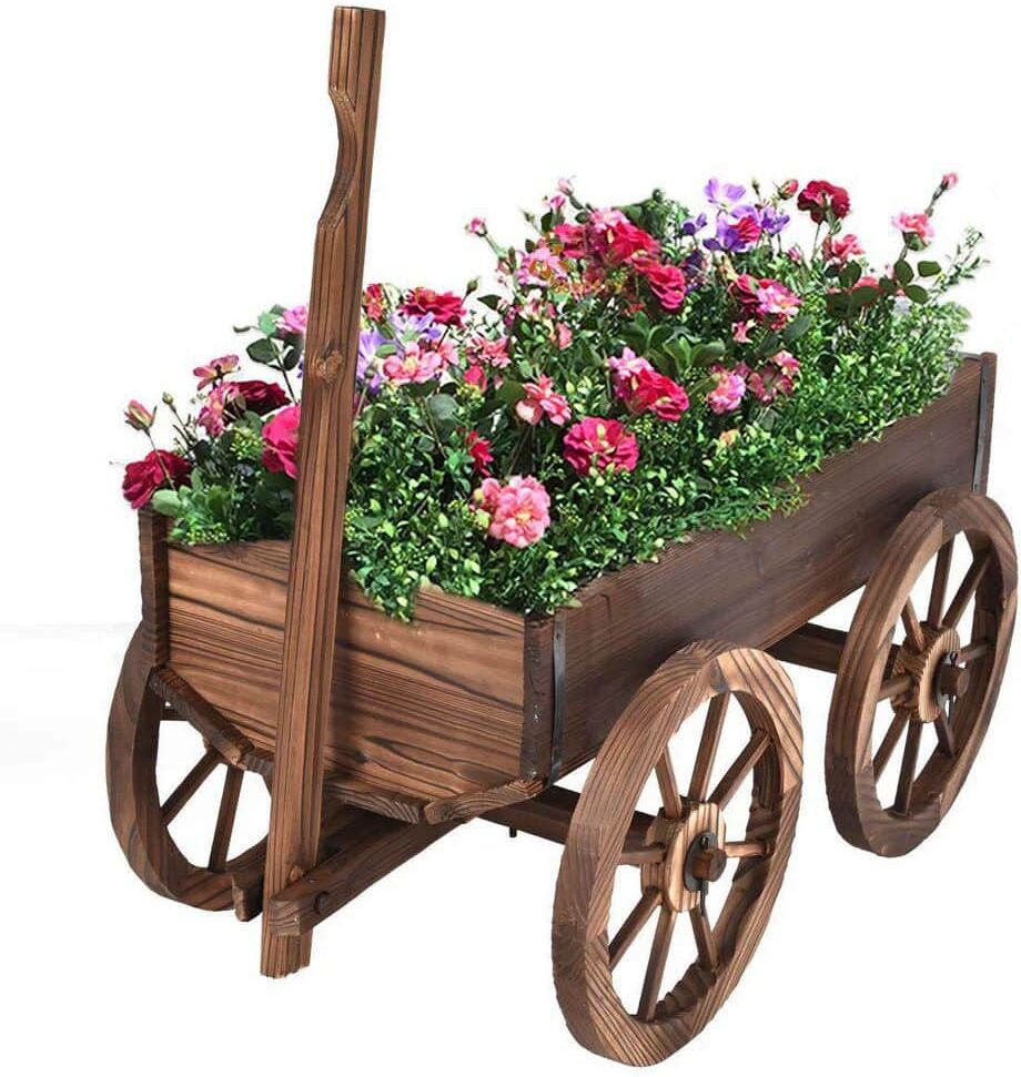 Wooden Wagon Flower Pot Flower Pot Stand with Wheels Home Garden Outdoor Decoration