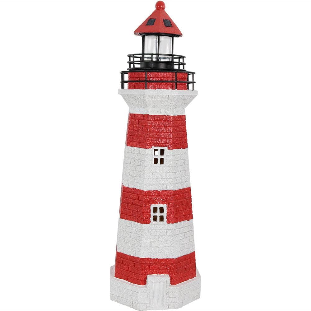 Sunnydaze Decor 36 in. Red Horizontal Stripe Solar LED Garden Statue Lighthouse