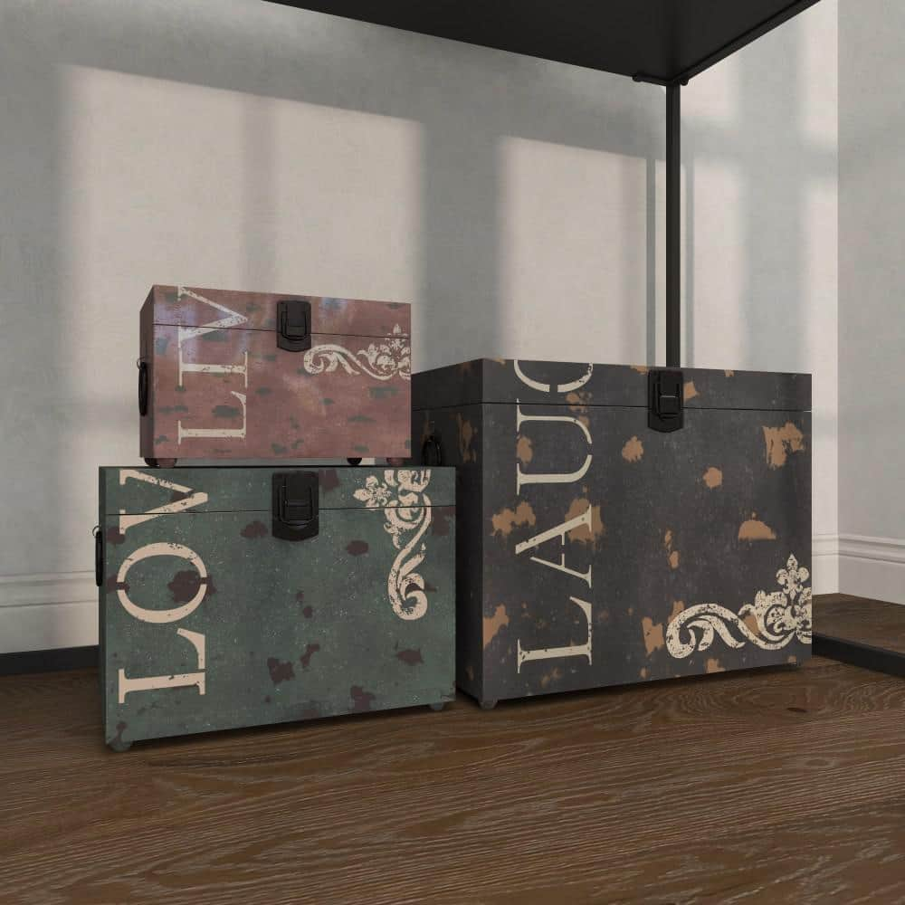 Litton Lane Rectangle Metal Live Love Laugh Box with Hinged Lid (Set of 3)