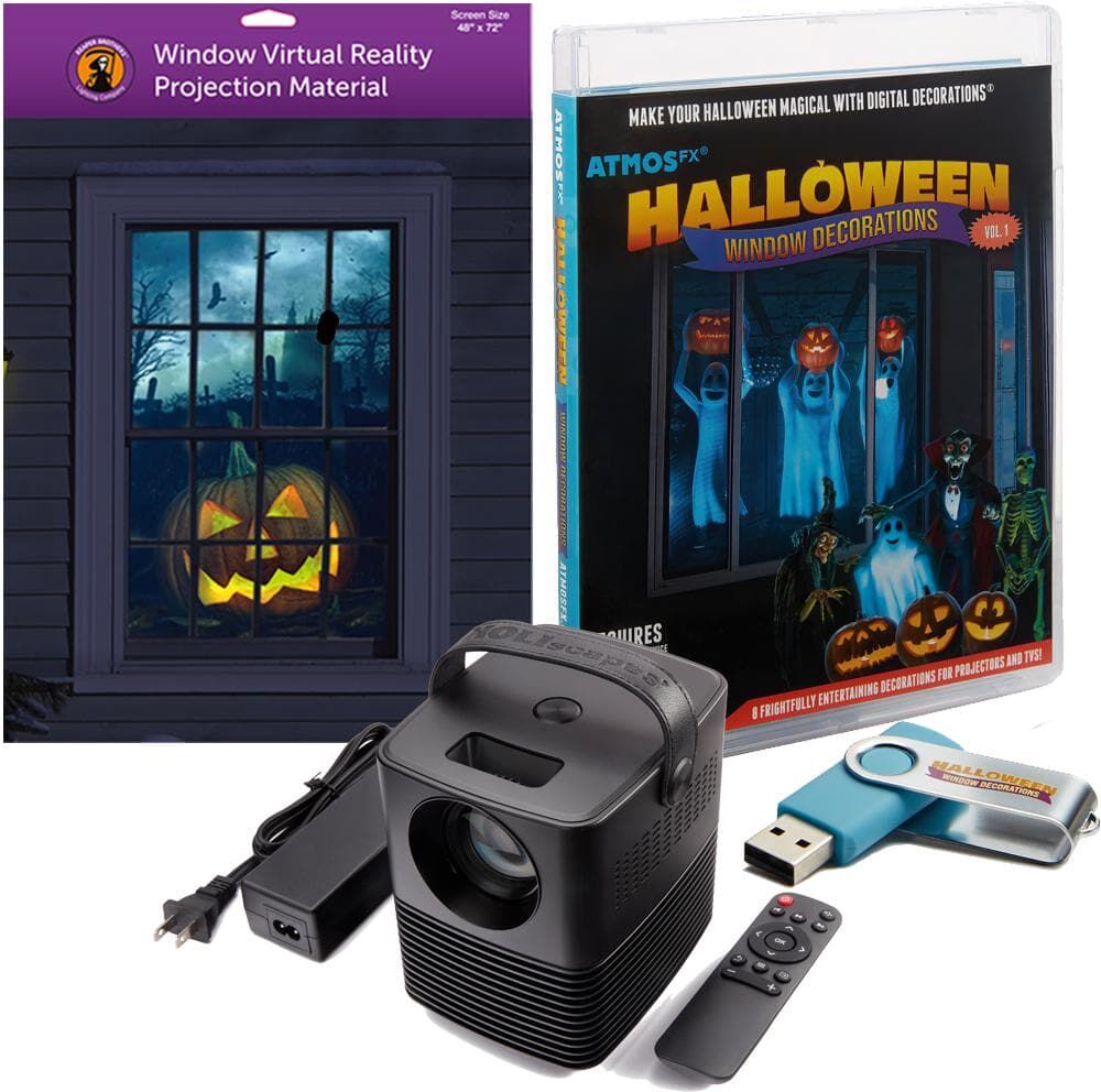 HoliScapes Atmosfx Halloween Digital Decoration USB Kit 2022 (HSC400 Projector Plus 48 in. x 72 in. White Screen Plus USB)