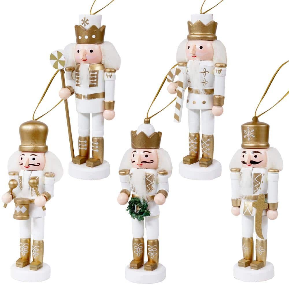 Sunnydaze Decor Nutcracker White and Gold Christmas Hanging Ornament Set (5-Piece)