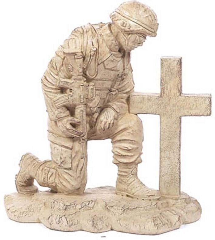 Athens Stonecasting Kneeling Soldier at Cross Concrete Garden Statue